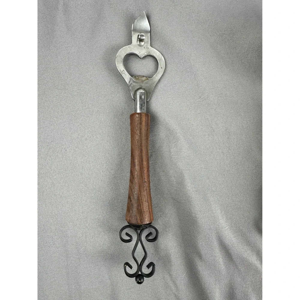 MCM Can Opener Jigger Stainless Steel Wood Handle & Black Decorative‎ Finials